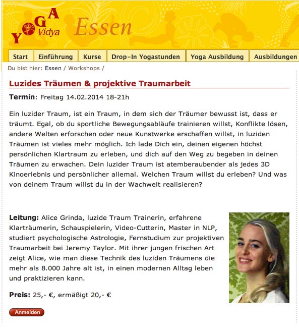 “Luzides Träumen & projektive Traumbarbei” imYogavidya in Essen.